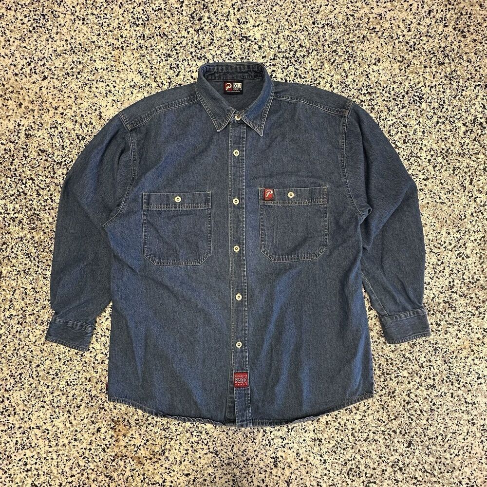 Vintage Paco Sport Denim Jean Shirt Mens XL Collared Metal Button Long Sleeve